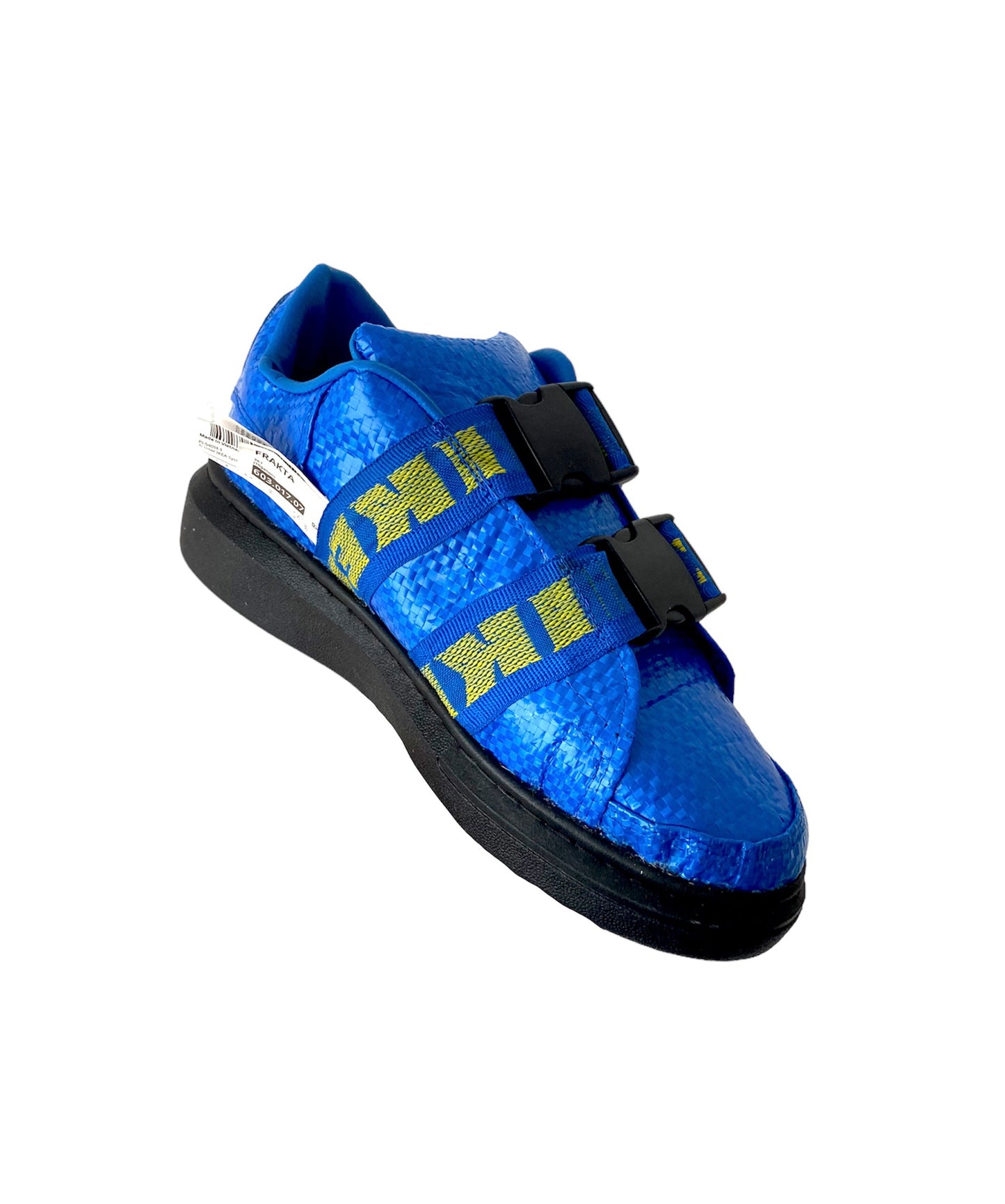 Upcycled sneaker shoes IKEA blue bag